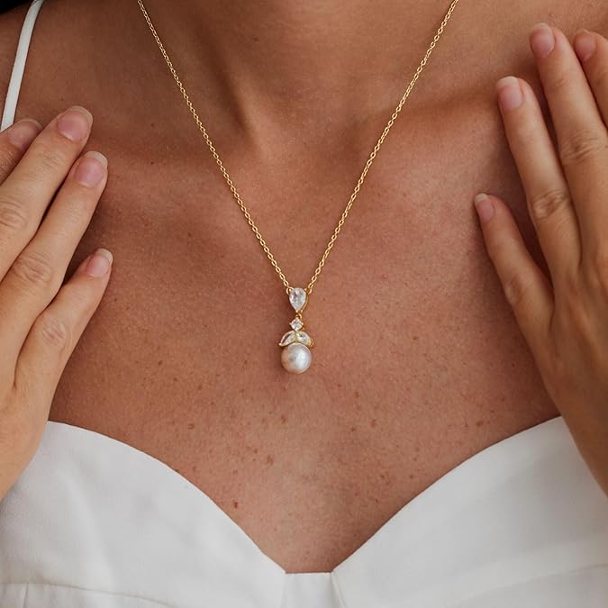 Pearl Necklace for Women Trendy,14k Gold Plated Necklace Dainty Wedding Necklace -GOLD-Flower pearl