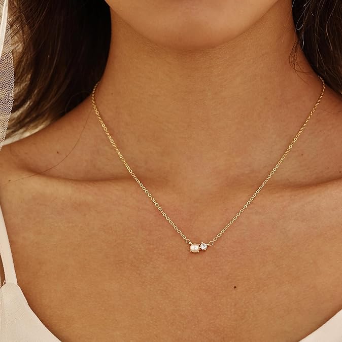 Pearl Necklace for Women Trendy,14k Gold Plated Necklace Dainty Wedding Necklace -GOLD-Small CZ Pearl