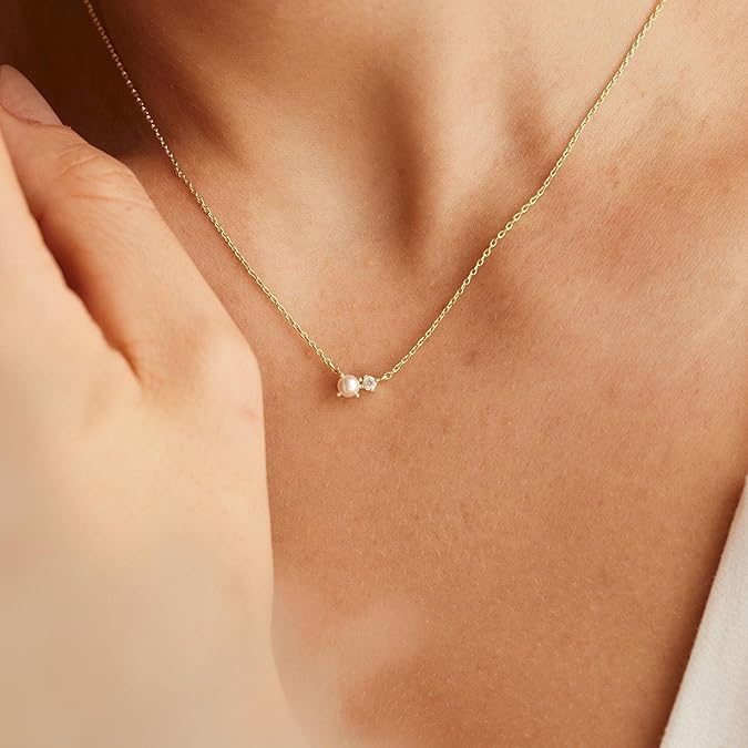 Pearl Necklace for Women Trendy,14k Gold Plated Necklace Dainty Wedding Necklace -GOLD-Small CZ Pearl