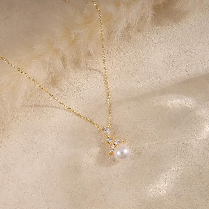 Pearl Necklace for Women Trendy,14k Gold Plated Necklace Dainty Wedding Necklace -GOLD-Flower pearl