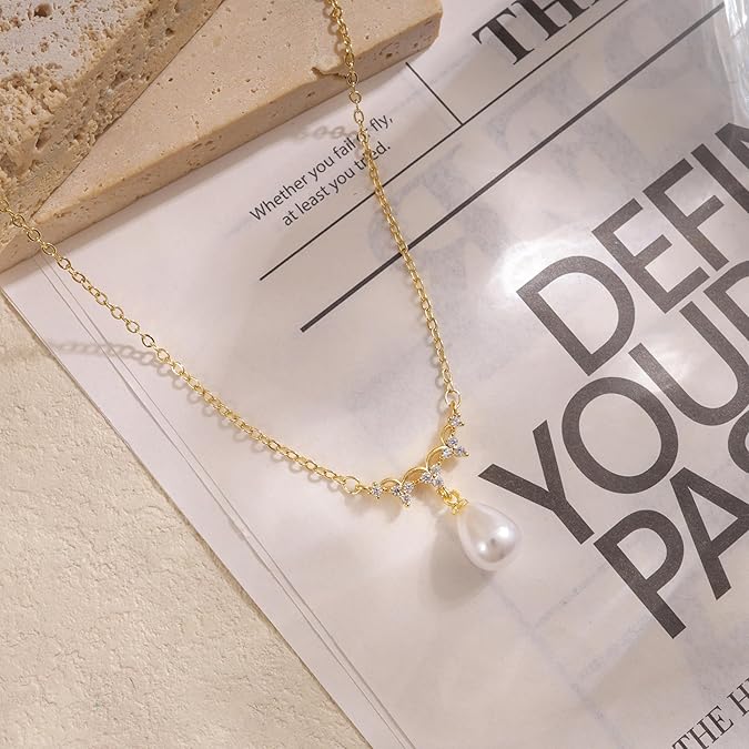 Pearl Necklace for Women Trendy,14k Gold Plated Necklace Dainty Wedding Necklace -GOLD-Horizontally CZ