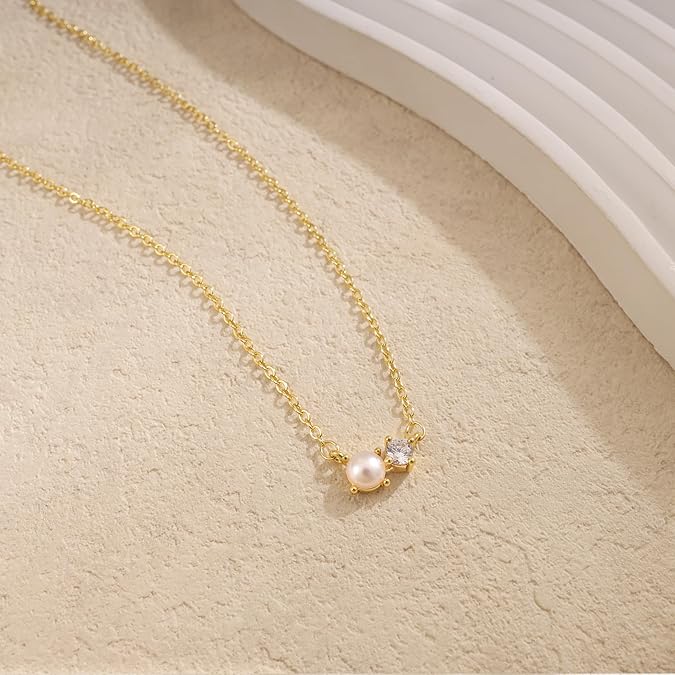 Pearl Necklace for Women Trendy,14k Gold Plated Necklace Dainty Wedding Necklace -GOLD-Small CZ Pearl