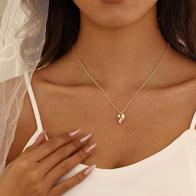 Pearl Necklace for Women Trendy,14k Gold Plated Necklace Dainty Wedding Necklace -GOLD-Leaf CZ